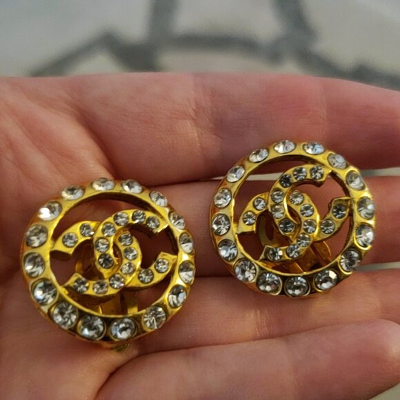 Chanel Vintage Strass Crystal Interlocking CC Clip-On Earrings - Picture 1 of 11